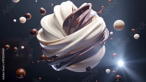 The process shows the creation of chocolate and vanilla ice cream swirls. This captures the mixing, splashing, and forming of the dessert in a studio at night.