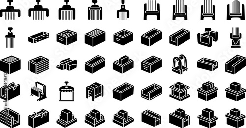 Isometric vector silhouette icons of industrial machinery parts, mechanical equipment components, hardware manufacturing tools, and technical apparatus symbols isolated on white background.
