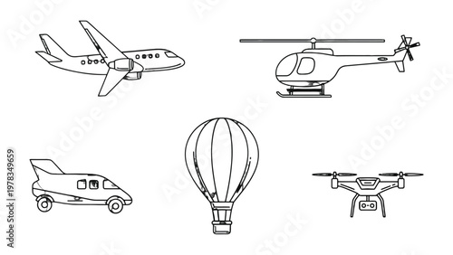 Aerial Transport Silhouette: A collection of various aerial transport, including an airplane, helicopter, hot air balloon, drone, and futuristic flying car, all depicted in minimalist silhouette form.