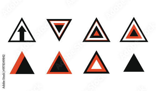 Eight black and red triangular symbols with various internal patterns and triangles
