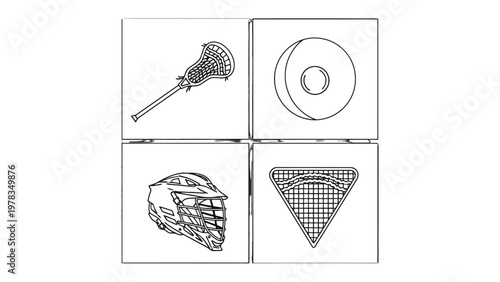 Lacrosse Game Elements: A collection of line-art elements symbolizing lacrosse, featuring a lacrosse stick, lacrosse ball, lacrosse helmet, and lacrosse goal.