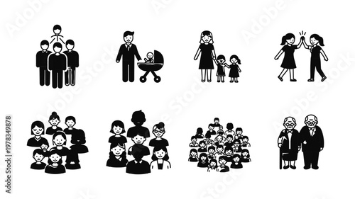 Black and white illustrations of diverse family and social groups.