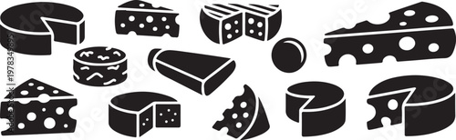 Cheese silhouettes collection featuring various dairy product types including wedges rounds and slices with holes on grid surface.