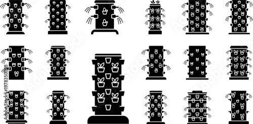 Hydroponic vertical tower gardening system silhouettes with irrigation sprayers and potted plants, modern aeroponic indoor farming equipment icons for sustainable agricultural technology design.