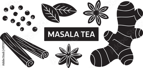 A collection of black silhouette illustrations depicting various spices for masala tea, including text masala tea.