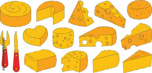 Assortment of delicious cheese types including wedges, rounds, and blocks, isolated on transparent background, perfect for culinary content and recipes.