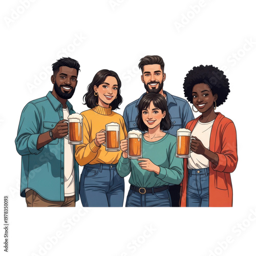 A diverse group of friends cheerfully raising glasses of beer together perfect for social illustrations on transparent background high quality professional
