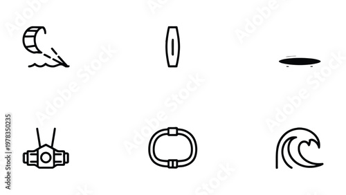 Kiteboarding Icon Set: A collection of simple and stylized icon set, representing the sport of kiteboarding, depicting essential elements such as kite, board, harness, and wave.