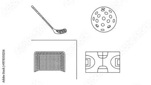 Floorball Essentials: A comprehensive monochrome illustration showcasing essential floorball elements, including a hockey stick, ball, goal, and the outline of a floorball field.