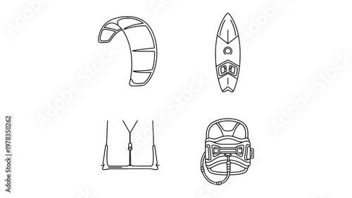 Kiteboarding Gear Diagram: A detailed illustration of kiteboarding equipment, showcasing each component. Perfect for educational, instructional, and design applications.