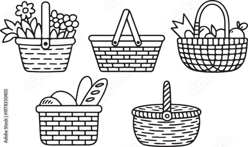 Set of five hand-drawn picnic baskets in black outline on a transparent background, various filled and empty styles.