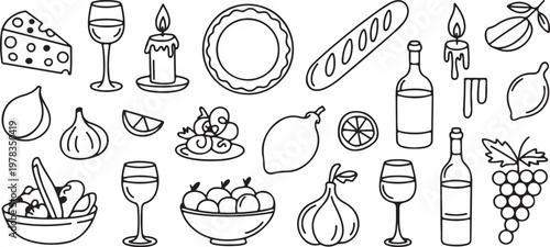 Still life food and drink items in black outline on transparent background, includes wine, cheese, bread, fruits and candles.