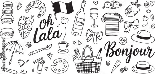 Doodle icons set featuring french culture elements like croissant wine bottle beret and macarons with oh lala text and bonjour lettering.