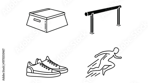 Sports Icons: A collection of simple black and white illustrations representing key elements of athletic pursuits, including a plyo box, hurdles, running shoes, and a sprinting athlete.