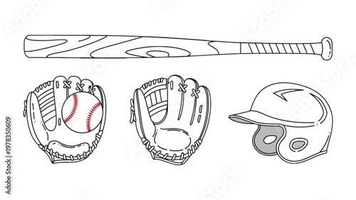 Baseball Equipment: A graphic composition showcases essential baseball gear, including a sturdy bat, protective helmet, and mitt, ready for the game.