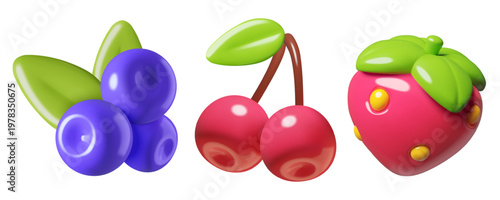 Blueberry, strawberry and cherry berry cute 3d icons. Three dimensional vector illustrations isolated on white background.