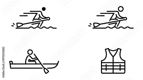 Rowing Icon Set: A collection of minimalist line icons captures the essence of rowing, including rowers in action and a life vest for safety. This set symbolizes the strength, technique.