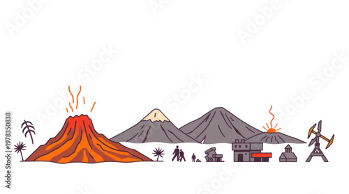 Volcano Eruption and Diverse Landscape with Human Settlements and Industry