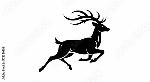 Silhouette of a running stag with large antlers, isolated on white background
