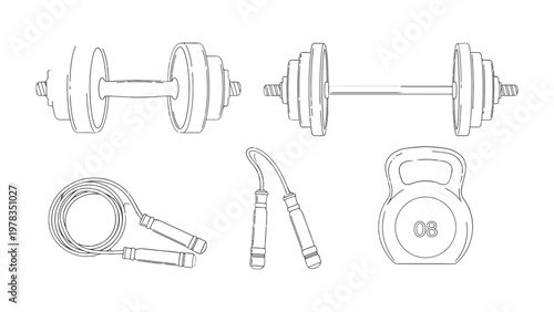 Fitness Essentials: The image is a visual guide to equipment, including dumbbells, kettlebell, and jump ropes, each tool essential to a well-rounded fitness regimen.