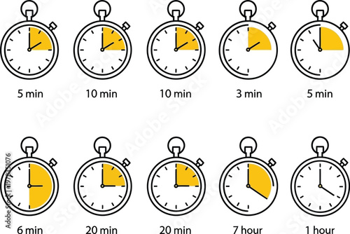 Stopwatch timer icons vector set depicting various time intervals including minutes and hours for professional productivity and scheduling design applications