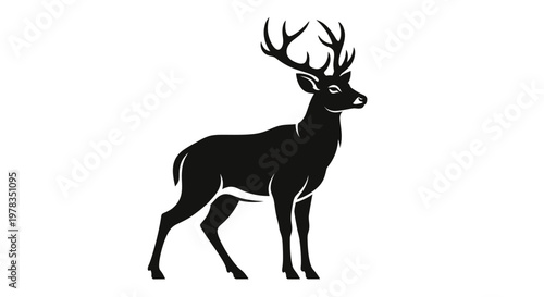 Majestic Stag Silhouette: Elegant Deer Standing Profile, Vector Art, White Background