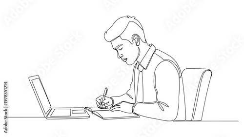 Man working on laptop and writing notes. Continuous line style. Hand drawn. Line art. Vector design. illustrations