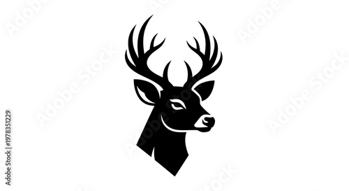 Black Stag Head Silhouette with Antlers on White Background, Minimalist Logo Icon
