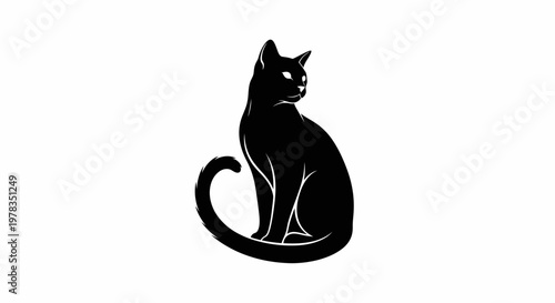 Black Cat Silhouette Sitting, Curled Tail, White Background, Elegant Feline
