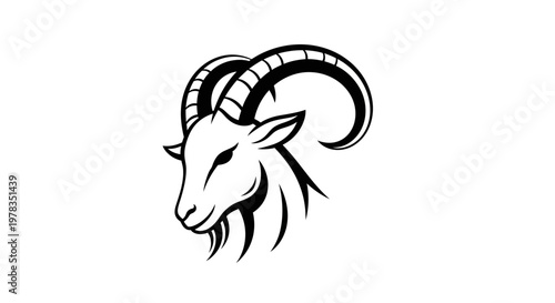 Stylized Goat Head Icon, Ram Silhouette, Aries Symbol, Black and White Vector Art