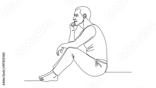 A man sitting in contemplation alone. Continuous line style. Hand drawn. Line art. Vector design. illustrations