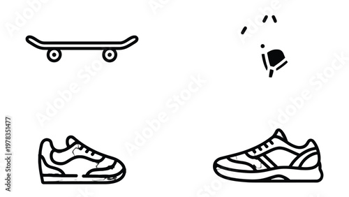 Skateboard and Sneakers: An illustration featuring a skateboard and two pairs of sneakers, symbolizing the active lifestyle and urban adventures. The design is simple, clean, and modern.