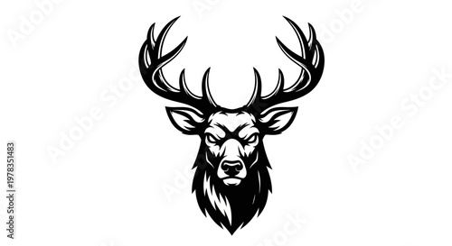 Majestic Stag Head Silhouette, Powerful Antlers, Fierce Expression, Vector Art