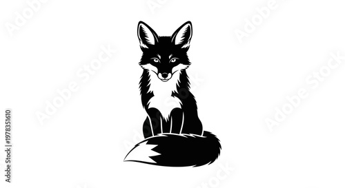 Black and white silhouette of a fox sitting, with a bushy tail, isolated on white background.