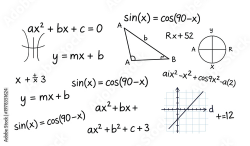 Handwritten mathematical equations and geometric diagrams on white paper mathematics algebra geometry