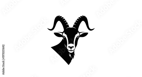 Black Goat Head Silhouette with Majestic Curved Horns, Isolated on White Background