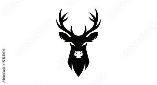 Stylized Silhouette of a Stag's Head with Antlers, Isolated on White