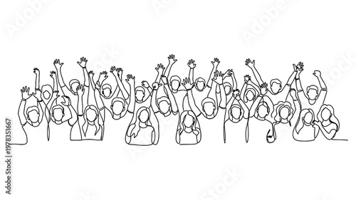 Continuous line drawing of a cheering crowd. Continuous line style. Hand drawn. Line art. Vector design. illustrations