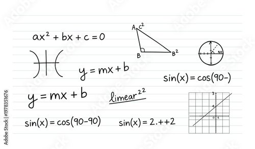 Mathematical equations and graphs on white background with quadratic formula trigonometric functions and linear equations