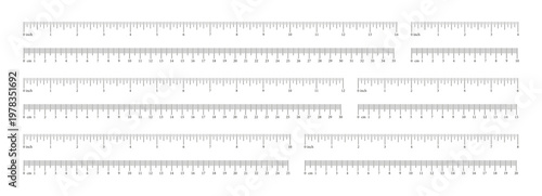 Inch, metric rulers from 4 to 14 inch, 10 to 35 cm. Measuring scale tools. Scale templates for ruler centimeters, inches. Metrics indicator icon cm, inch. Set of inches, centimeters measuring scales.