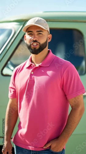 Young hispanic male adult with beard wearing beige cap and pink polo standing by green vintage van outdoors casual portrait