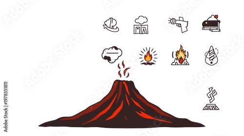 Volcano Eruption with Nature and Energy Outline Icons for Environment Concepts