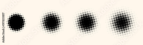 Minimalist halftone geometric shapes progression showing transition from solid circle to dispersed dots