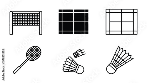 Badminton Essentials: A collection of meticulously crafted line art illustrations showcasing the key elements of the sport. The image encapsulates the essence of badminton in a simple.