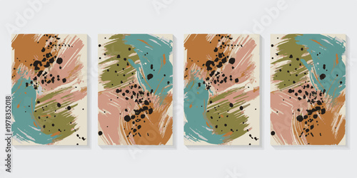 Abstract art set featuring expressive oil paint brush strokes with earthy tones and black paint splatters on vertical canvases.