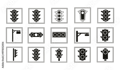 Collection of black and white traffic light in various styles and configurations lights signals