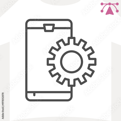 Smartphone and mechanic gear line icon, settings concept. Vector graphics. Phone with cogwheel sign and editable stroke, outline style icon for mobile or web design.