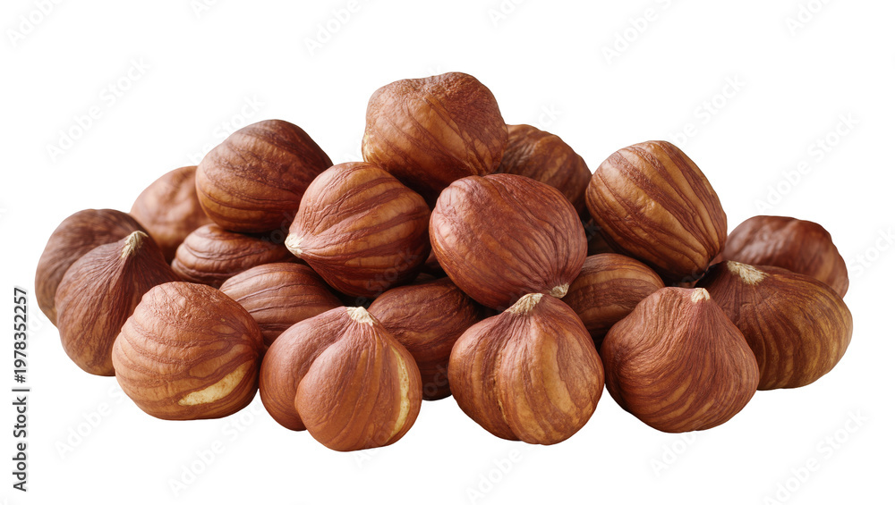 Fototapeta premium Heap of whole raw hazelnuts with brown textured shells, isolated on transparent background