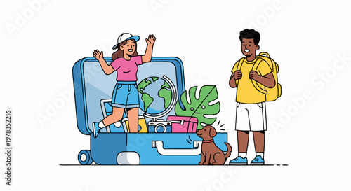 Excited couple with dog packing luggage for vacation travel, globe and plants inside suitcase, concept of adventure and exploration, vector illustration