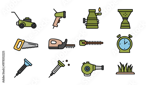 Collection of green and yellow garden tools including lawnmower saw drill and sprayer